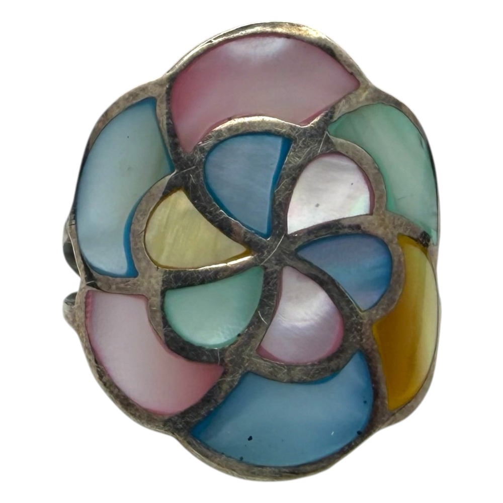 Vintage Ring Size 8.75 Sterling Silver 925 Multicolor Mother of Pearl Flower